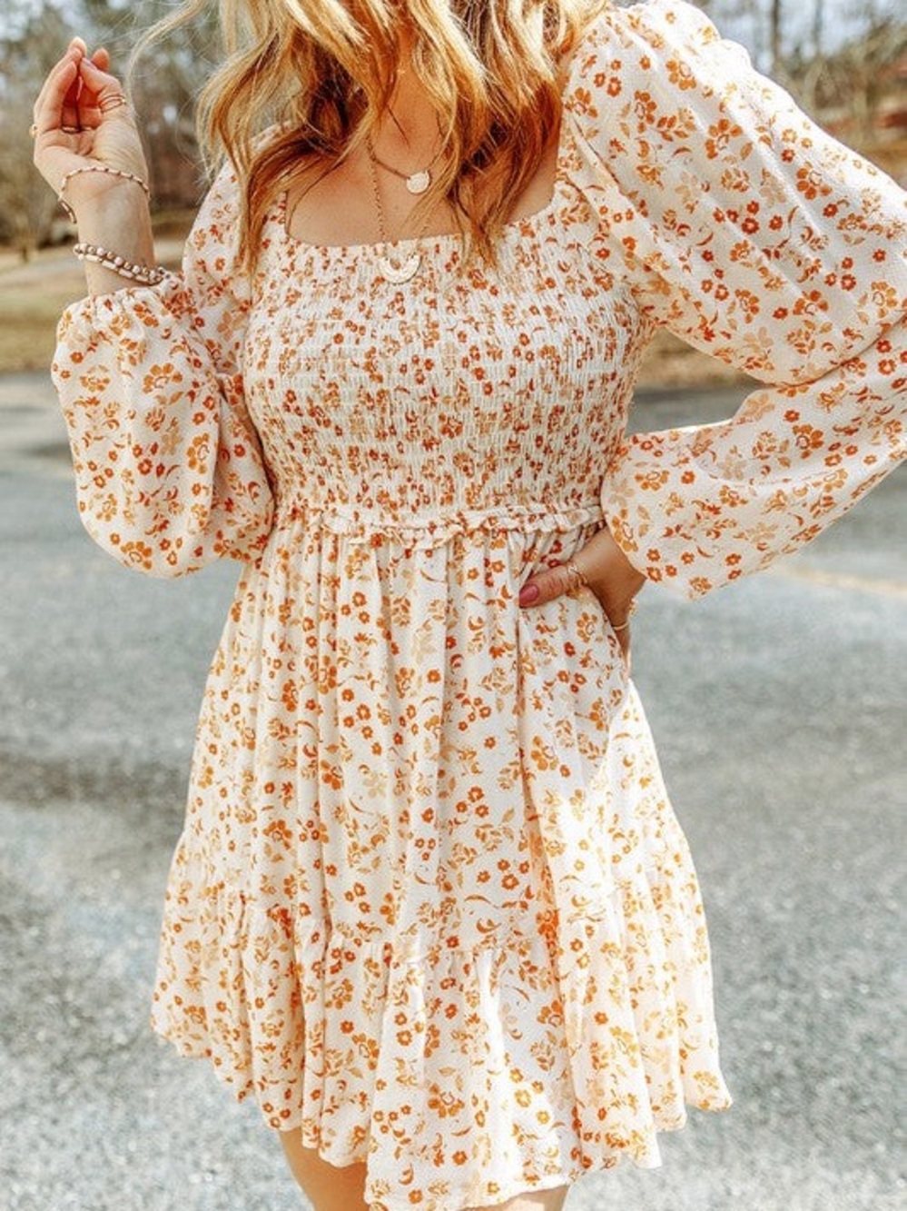 Altar'd State Smocked Cream Mini Dress with Apricot Floral Print size large